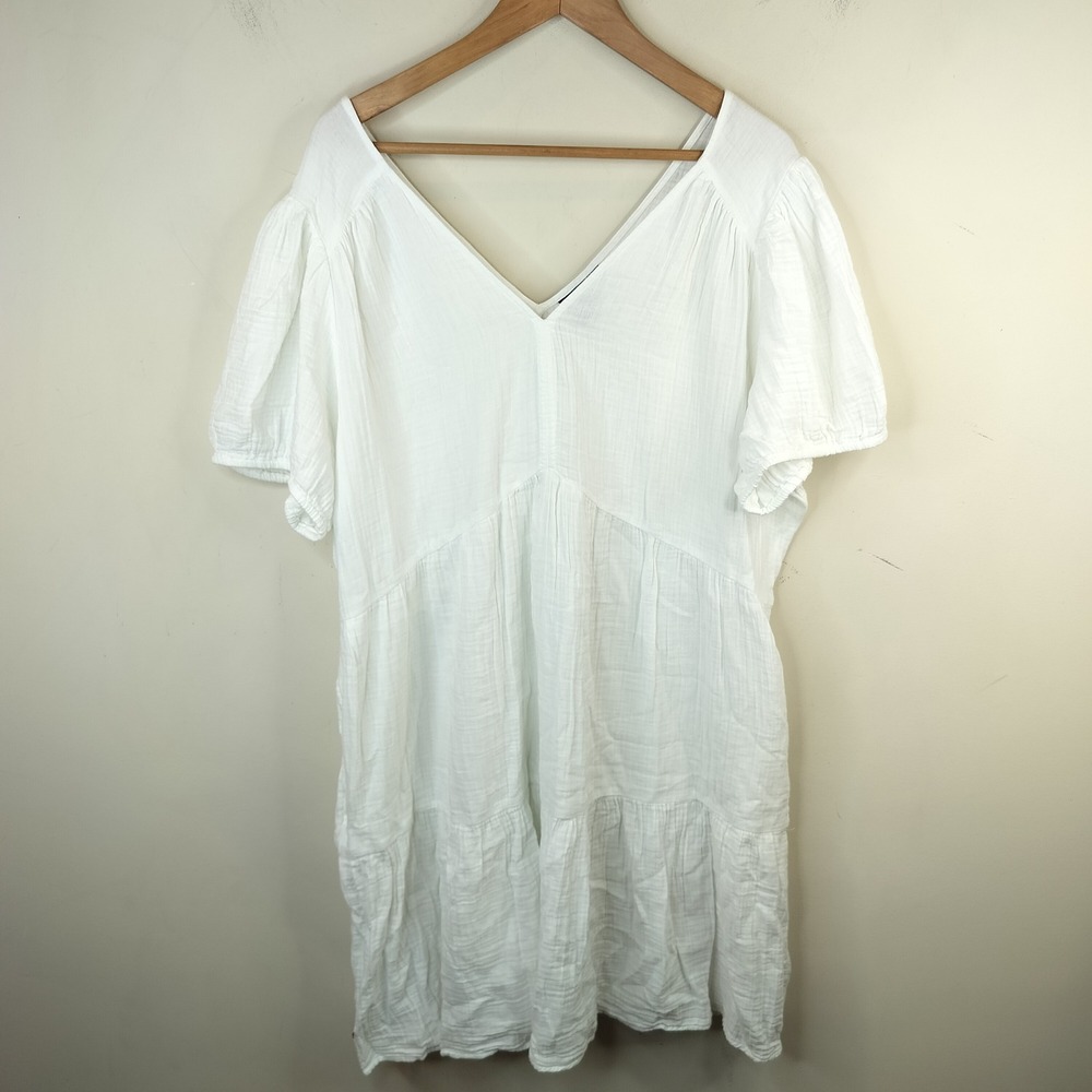 Gap Tiered Gauze Mini Dress w/ Pockets XXL Short Puff Sleeve White Beach Boho